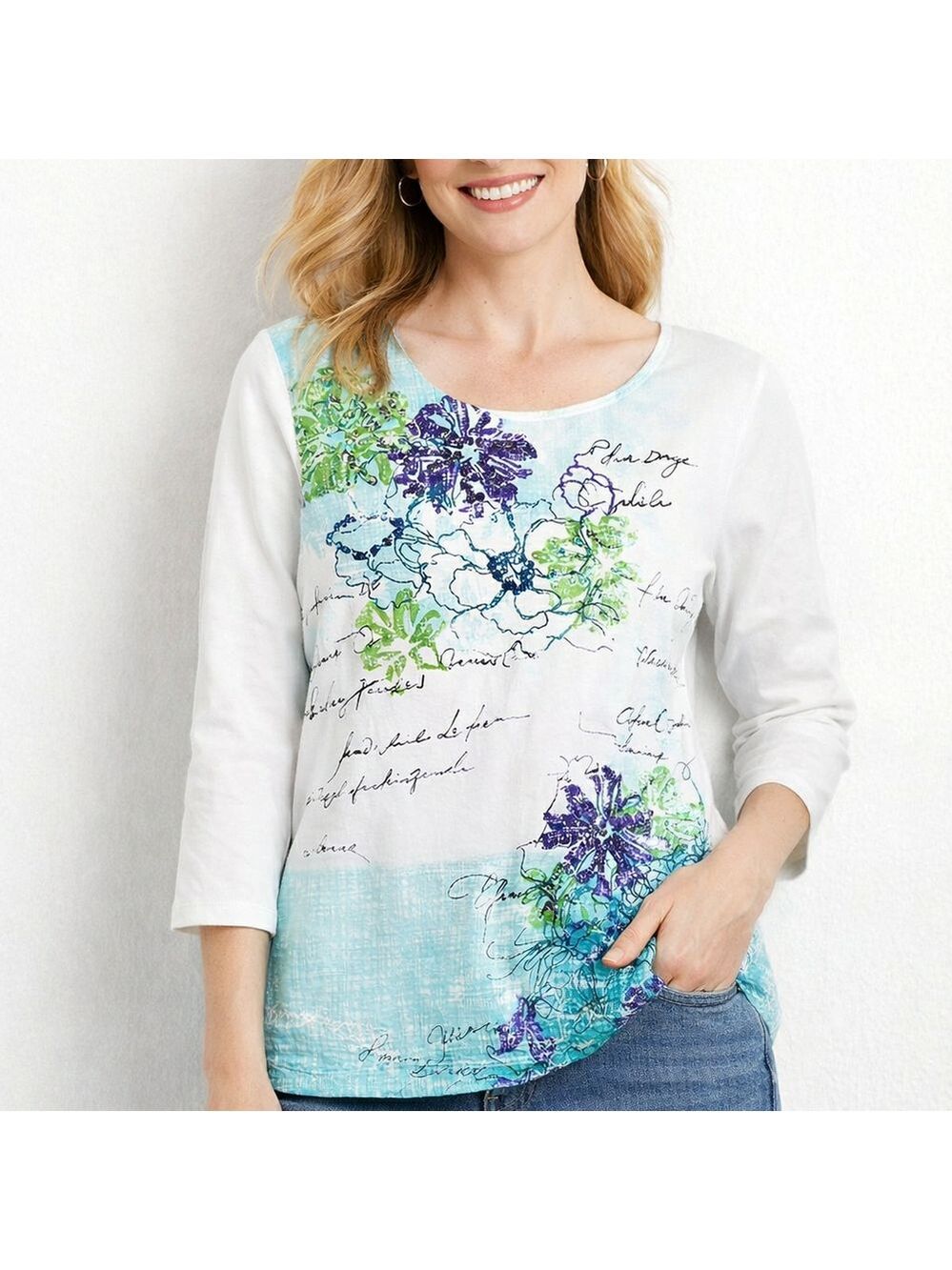 Ruby Rd Petite Embellished Floral Script Top Teal White Stretch 3/4 Sleeve
